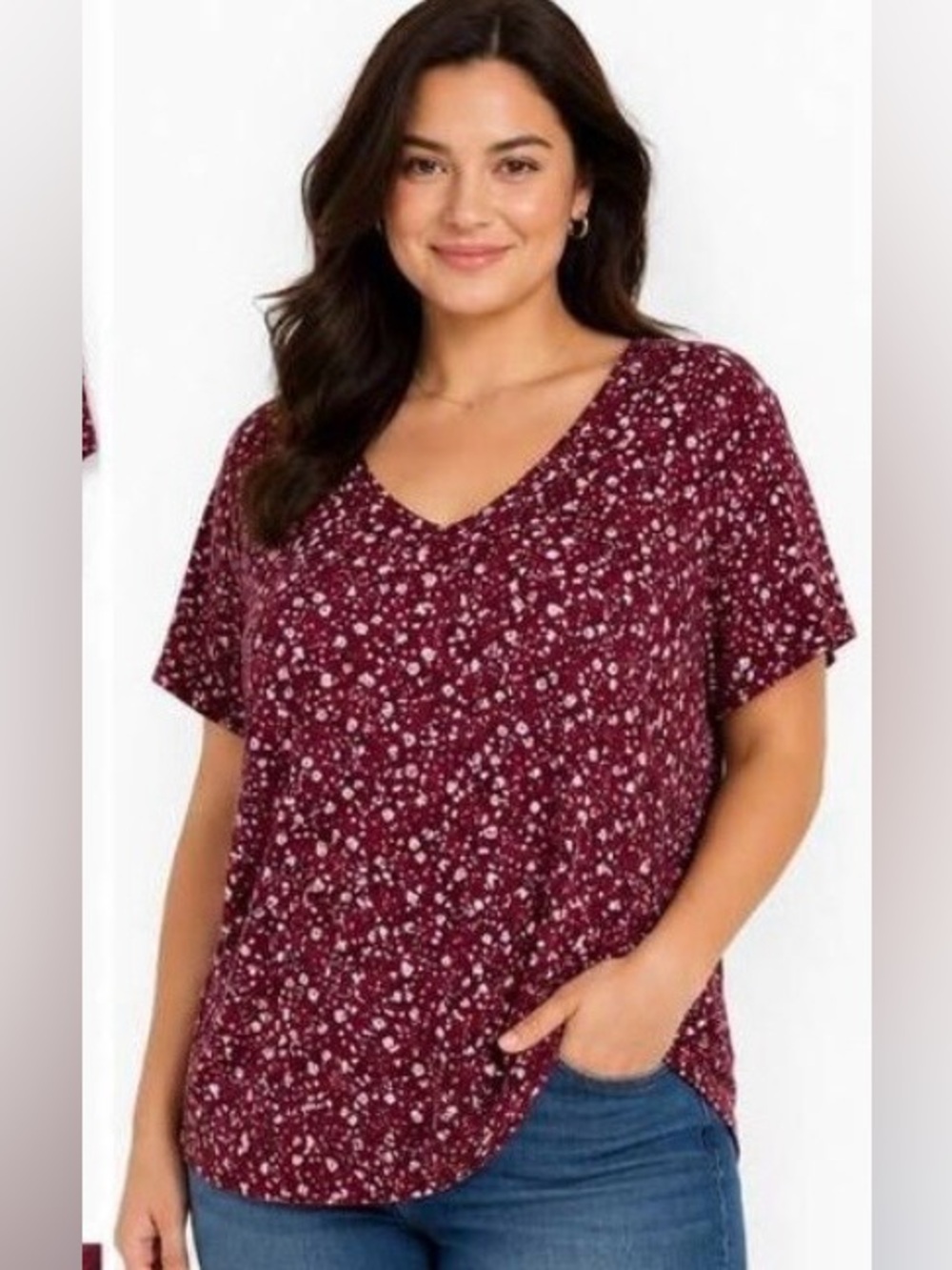 Old Navy 2x Women’s V-Neck Short Sleeve Top in Burgundy Floral